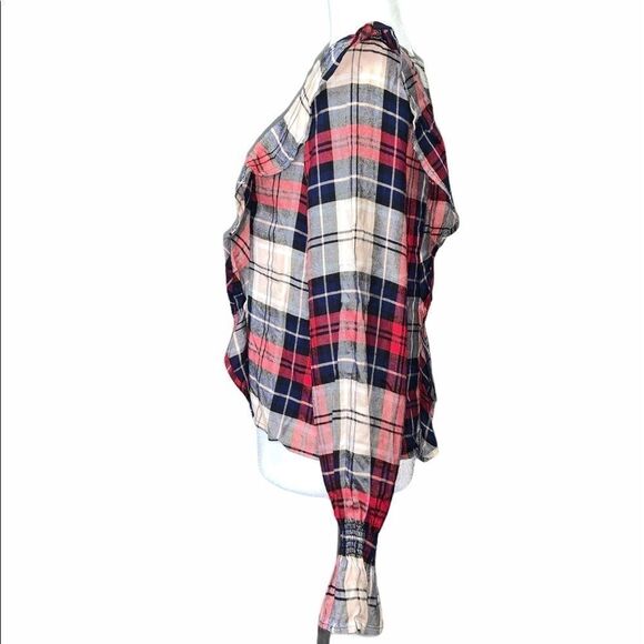 🆕 Kensie Plaid Bell Sleeve Ruffle Check Long Slv - Picture 2 of 9